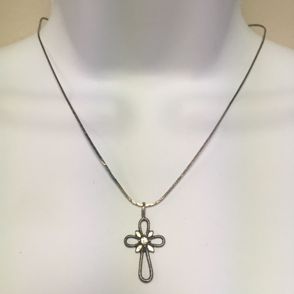 Vintage Rhinestone Cross Silver Necklace